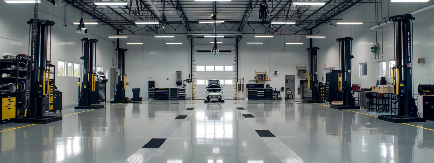 a sleek, well-lit automotive workshop features ali certified lifts prominently displayed, showcasing their advanced design and robust safety mechanisms, surrounded by tools and equipment that emphasize a commitment to professional-grade performance and reliability.