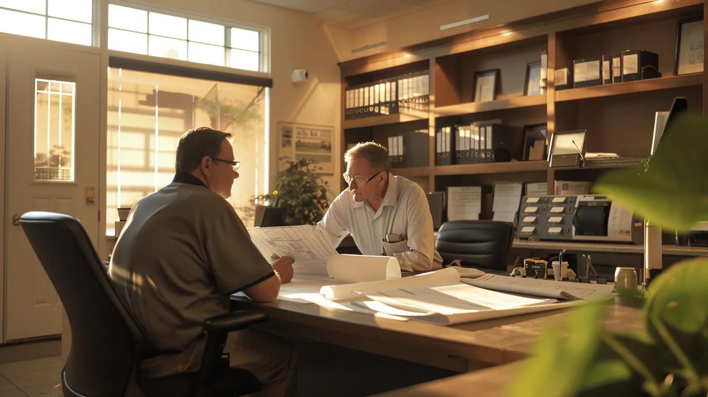 a sleek, well-organized plumbing office features a focused professional consulting with a client over blueprints and tools, illuminated by warm, practical lighting that conveys trust and expertise. a sleek, well-organized plumbing office features a focused professional consulting with a client over blueprints and tools, illuminated by warm, practical lighting that conveys trust and expertise.