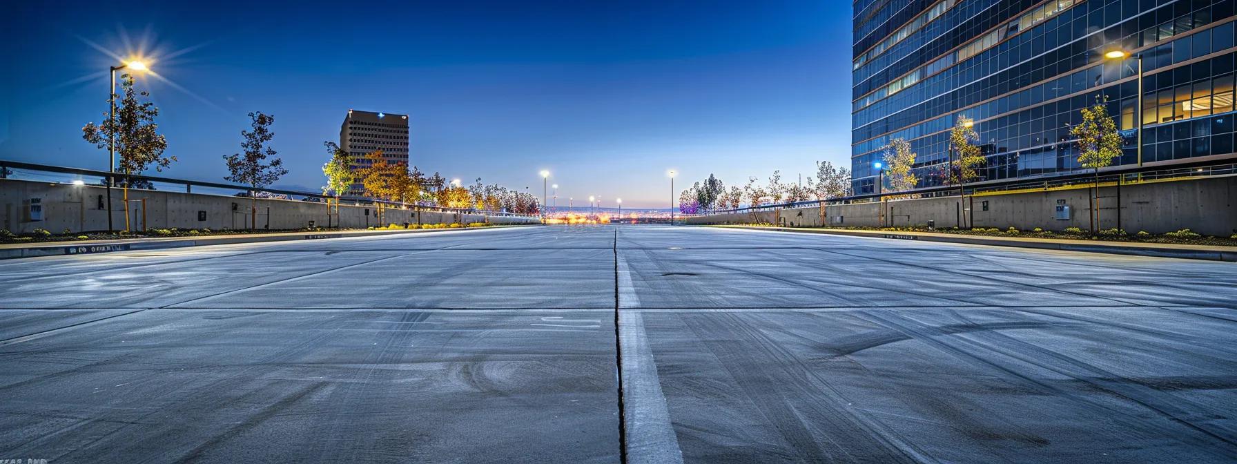 a sleek, well-maintained concrete parking lot stretches across the foreground, framed by modern urban architecture in sacramento, showcasing a clean, inviting surface that highlights its timeless design and functionality under bright artificial lighting.