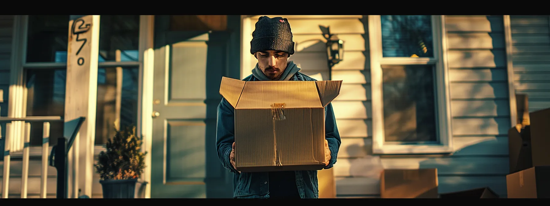 a solemn homeowner holding a foreclosure notice while standing outside a locked house, surrounded by moving boxes. a solemn homeowner holding a foreclosure notice while standing outside a locked house, surrounded by moving boxes.