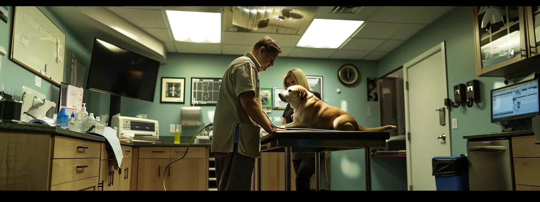 a somber veterinary clinic scene features a concerned pet owner with a visibly distressed dog on an examination table, illuminated by sterile overhead lighting, as a veterinarian discusses the serious implications of dilated cardiomyopathy. a somber veterinary clinic scene features a concerned pet owner with a visibly distressed dog on an examination table, illuminated by sterile overhead lighting, as a veterinarian discusses the serious implications of dilated cardiomyopathy.