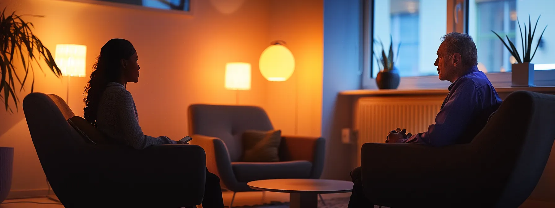 a somber yet enlightening therapy session unfolds in a modern office setting, with a therapist attentively listening to a client as they discuss the profound impacts of complex trauma and ptsd, illuminated by sleek, ambient office lighting that enhances the atmosphere of understanding and healing.