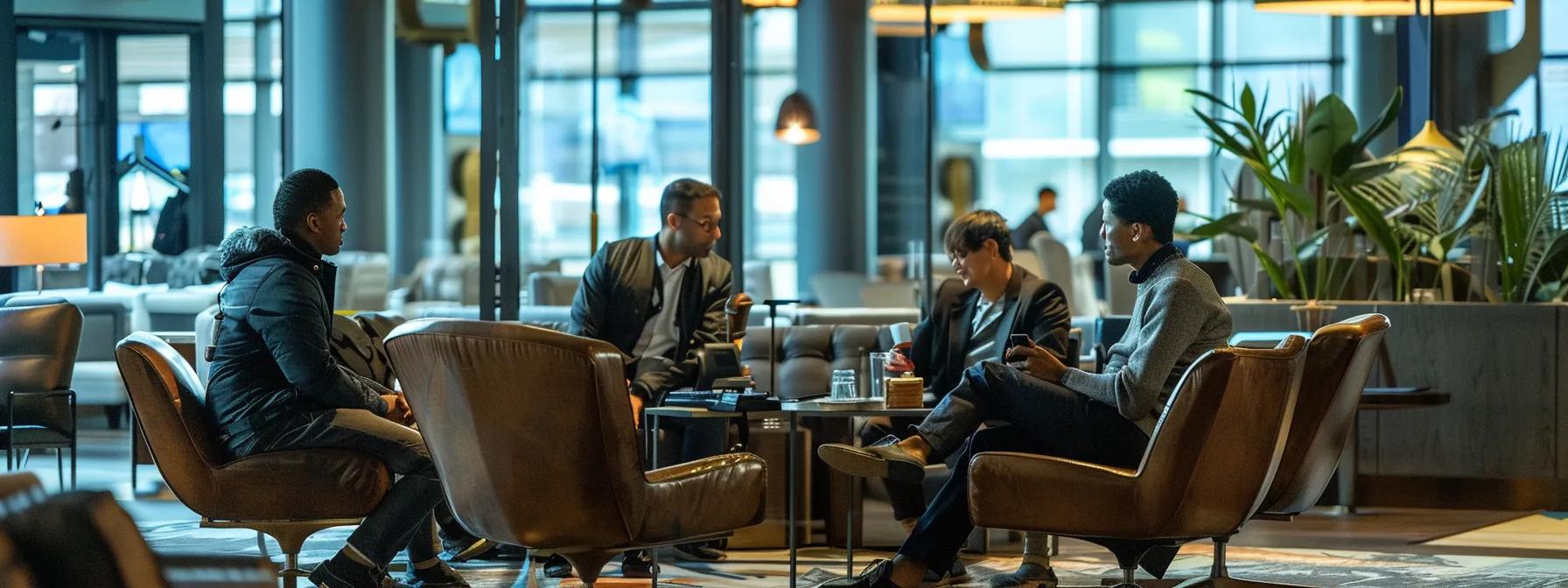a somber yet hopeful scene in a modern airport lounge, featuring a diverse group of pilots engaged in a confidential conversation with a mental health professional, emphasizing the importance of overcoming stigma and enhancing access to mental health support services in aviation.