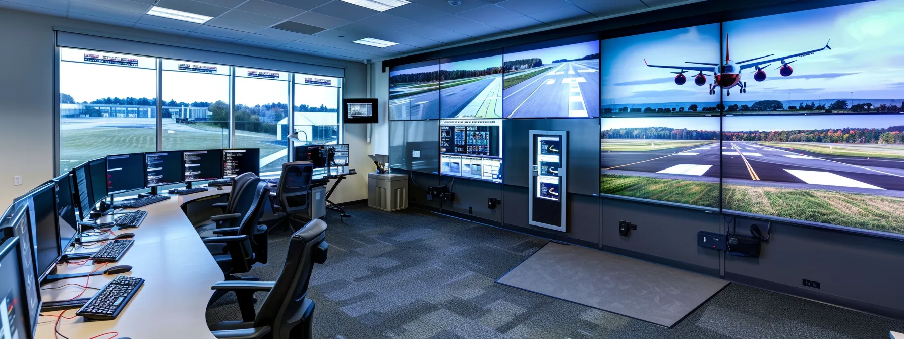 a sophisticated airport maintenance control room showcases advanced technology, with large screens displaying drone footage of runway conditions and innovative asphalt samples, emphasizing the integration of cutting-edge solutions to ensure safety and efficiency at beckley airport.