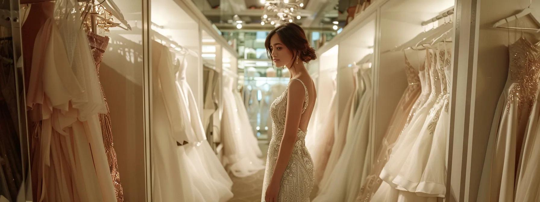 a sophisticated boutique fitting room showcases a diverse array of elegant debutante dresses displayed on luxurious hangers, while a poised young woman in a stylish gown seeks expert advice from a consultant, embodying the journey of finding the perfect attire for a momentous occasion. a sophisticated boutique fitting room showcases a diverse array of elegant debutante dresses displayed on luxurious hangers, while a poised young woman in a stylish gown seeks expert advice from a consultant, embodying the journey of finding the perfect attire for a momentous occasion.