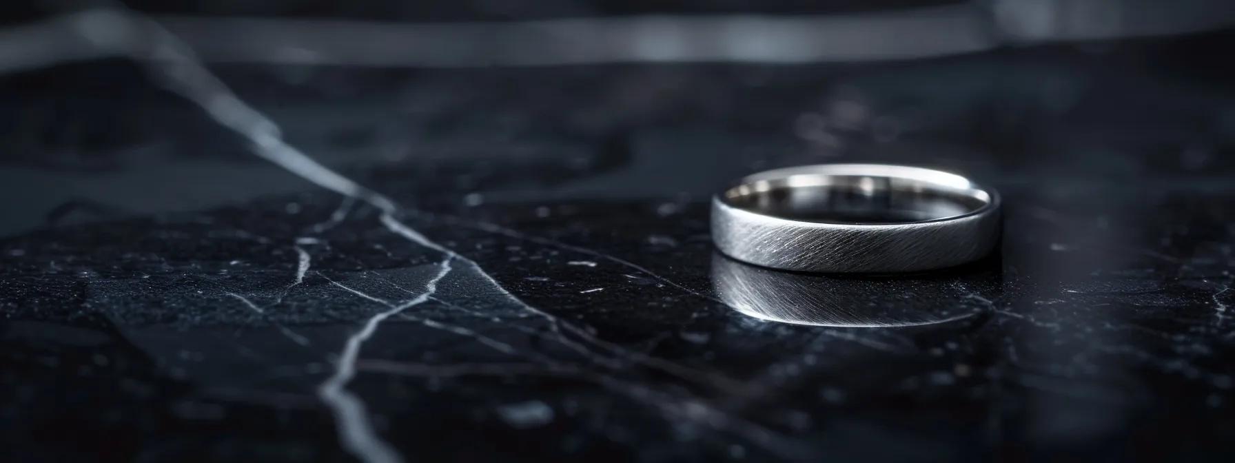 a sophisticated, close-up view of a platinum wedding band resting elegantly on a sleek black velvet surface, highlighting its lustrous shine and timeless design against a minimalist backdrop, conveying the essence of luxury and durability. a sophisticated, close-up view of a platinum wedding band resting elegantly on a sleek black velvet surface, highlighting its lustrous shine and timeless design against a minimalist backdrop, conveying the essence of luxury and durability.