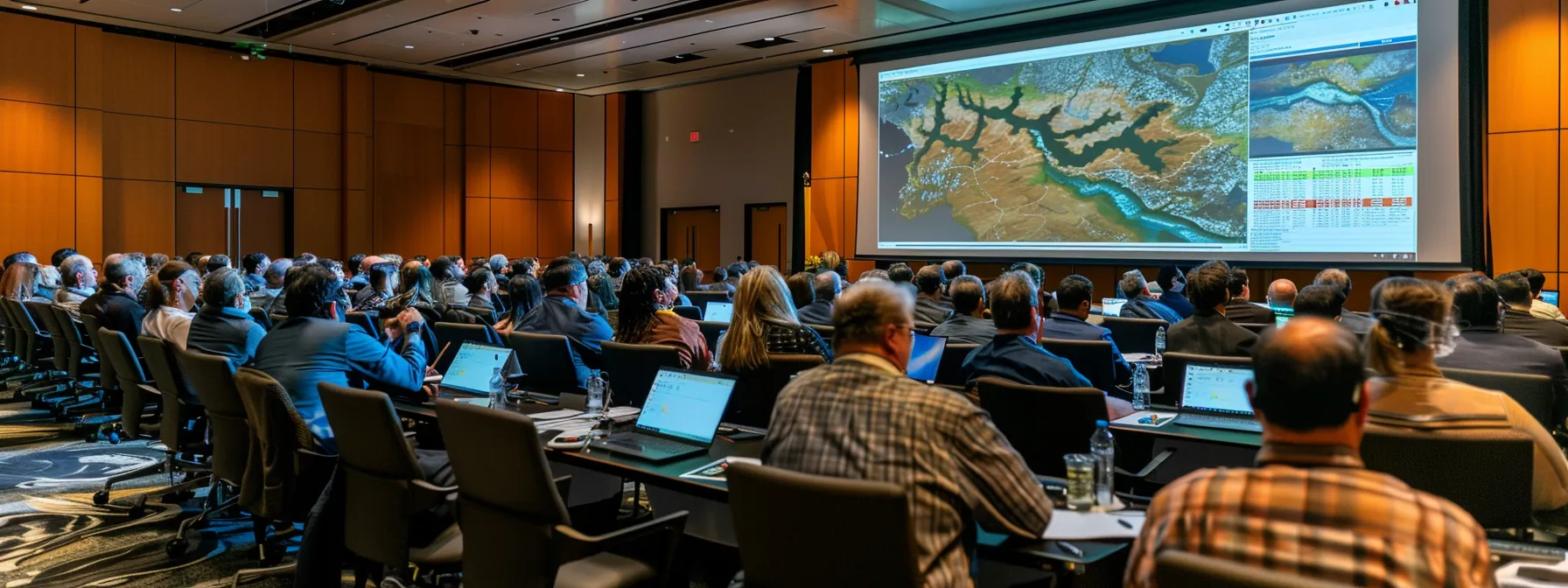 a sophisticated conference room filled with professionals engaging in a dynamic presentation, showcasing detailed charts and models of innovative shoreline erosion control techniques projected on a large screen, emphasizing strategic discussions on cost-effectiveness and sustainability.