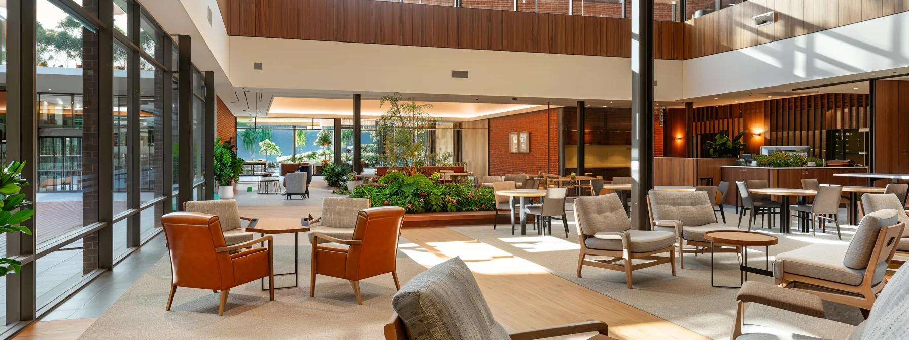 a sophisticated, contemporary aged care facility features elegantly designed communal spaces bathed in warm lighting, where engaged elderly residents participate in enriching activities that reflect their individual wellness goals and foster a vibrant community spirit.