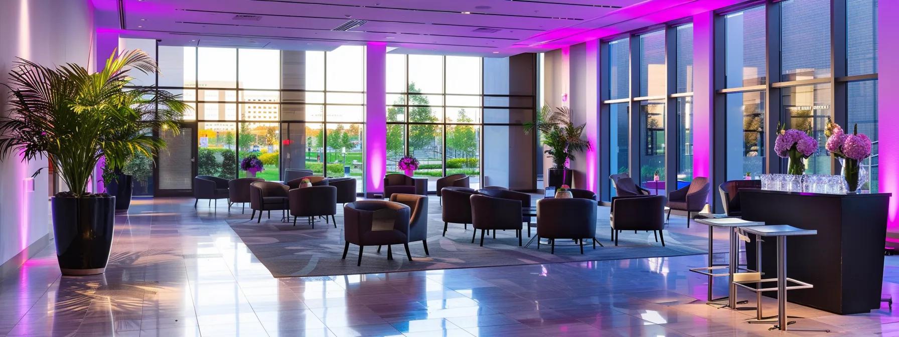 a sophisticated corporate reception hall in laval, adorned with elegant seating arrangements, sleek technology setups, and ambient lighting, ideal for hosting high-profile events and conferences.