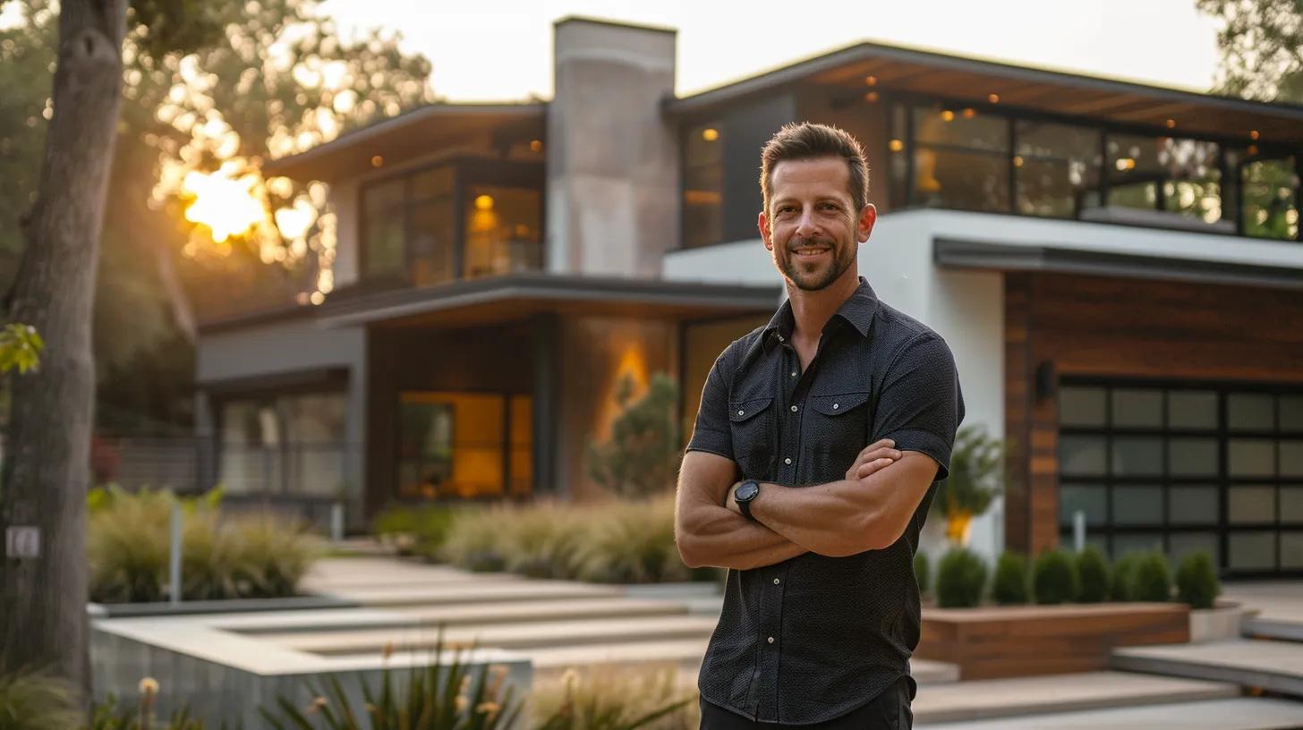 a sophisticated custom home builder stands confidently in front of a stunning, newly completed modern residence, showcasing innovative design features and elegant architecture under soft, golden hour lighting. a sophisticated custom home builder stands confidently in front of a stunning, newly completed modern residence, showcasing innovative design features and elegant architecture under soft, golden hour lighting.