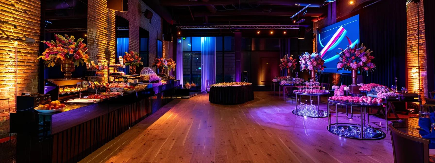 a sophisticated event setup in a luxurious urban venue, featuring elegant decor, an exquisite buffet spread, and advanced audiovisual equipment, showcasing the premium service and customization of prestige events laval against a backdrop of ambient, warm lighting.