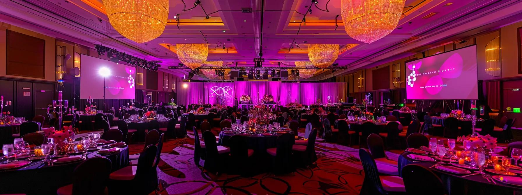 a sophisticated event space showcasing a vibrant, elegantly arranged banquet for over 300 guests, featuring exquisite decor and advanced audiovisual setups, all under soft, ambient lighting that highlights the opulence of available packages.