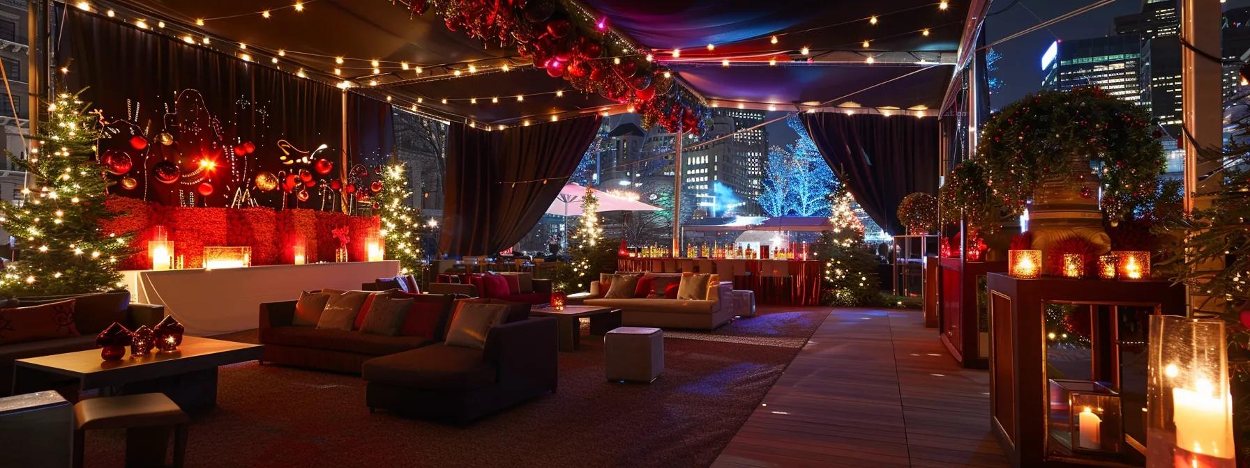 a sophisticated holiday party tent, elegantly adorned with custom lighting and festive decorations, showcases a welcoming atmosphere with diverse seating arrangements, set against a backdrop of a bustling urban night to emphasize the festive gathering experience.