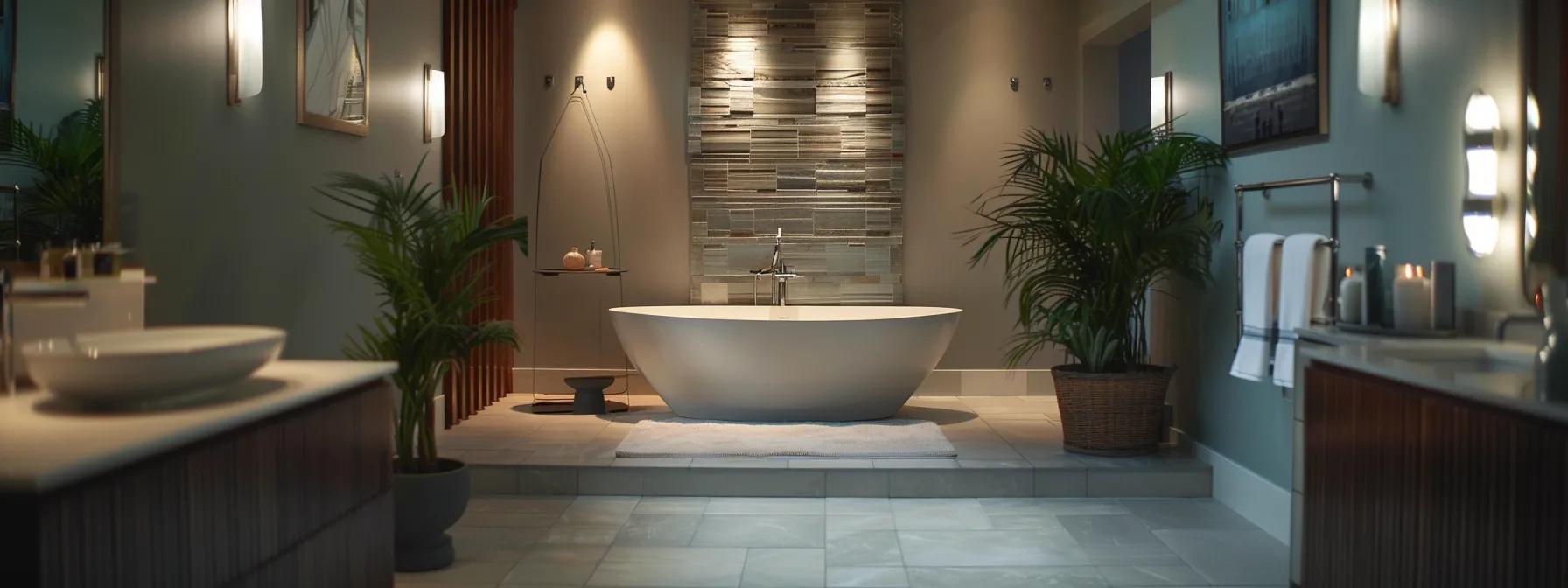 a sophisticated houston bathroom displays a serene palette of soft neutrals and cool blues, enhanced by modern minimalist decor and ambient lighting, reflecting a tranquil spa-like atmosphere.