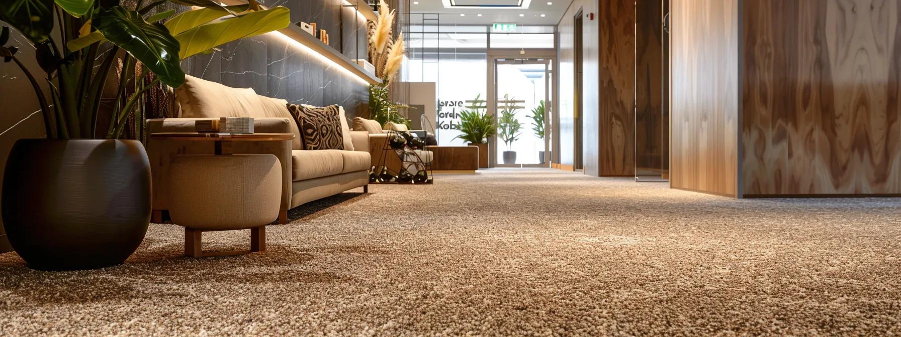 a sophisticated interior display at hornsby’s flooring store showcases an array of luxurious, high-pile carpets in rich textures and vibrant patterns, highlighting their durability and elegance against a stylishly modern office backdrop.
