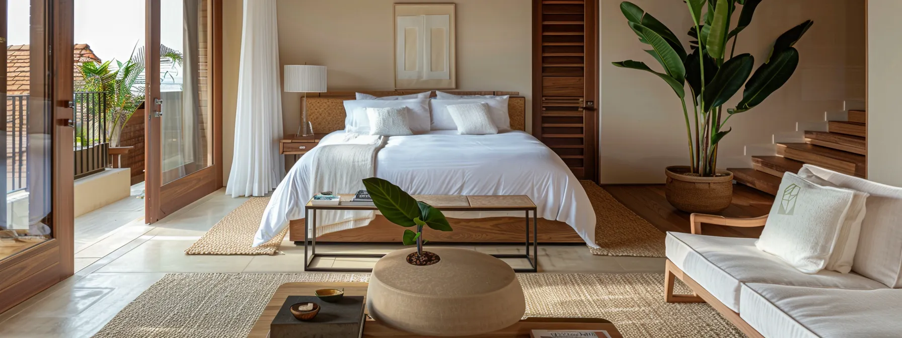 a sophisticated interior of a luxury coastal airbnb features a sleek, modern design with immaculate white linens and a curated neighborhood guide displayed prominently on an elegant wooden table, exuding a welcoming ambiance that promises guests a tailored, memorable stay.