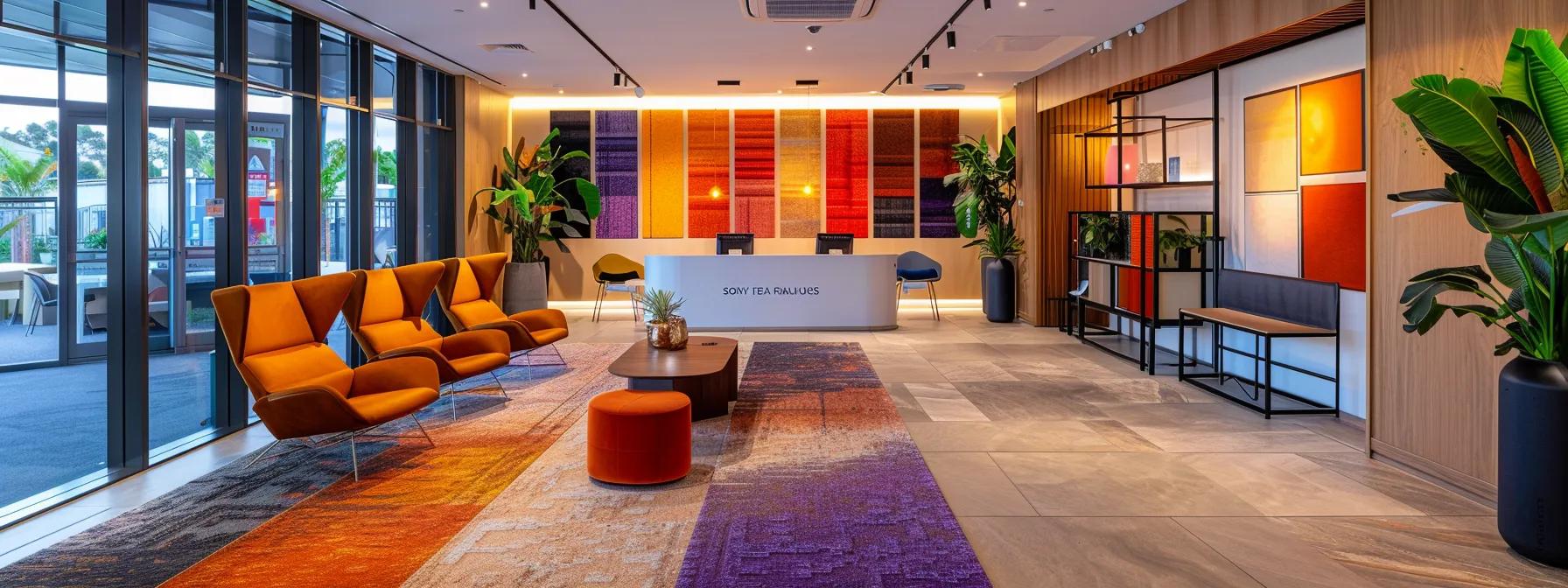 a sophisticated interior showroom showcases a diverse array of australian carpets with vibrant textures and colors, under bright, focused lighting that highlights their durability and design versatility, while an expert consultant engages with enthusiastic homeowners exploring their flooring options.