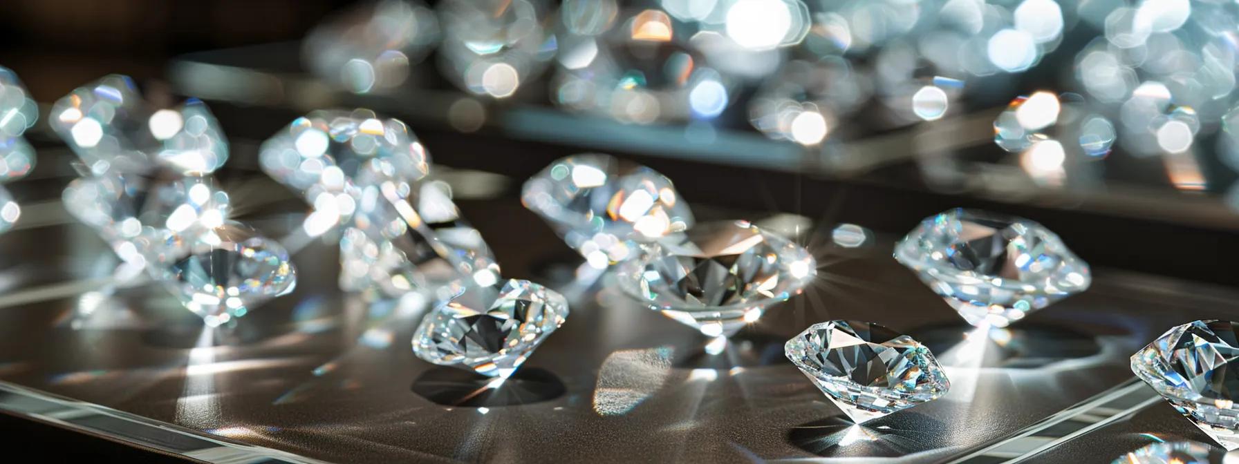 a sophisticated jewelry counter showcases a stunning array of diamonds under bright, focused lighting, emphasizing their clarity and brilliance while highlighting the subtle differences between natural and lab-grown specimens through intricate close-up displays.