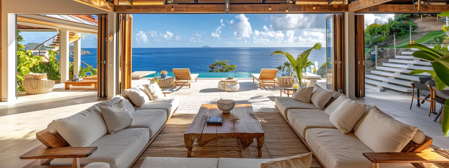 a sophisticated living area in a luxury coastal airbnb showcases bright, modern interiors adorned with elegant furnishings, vibrant decor, and a sunny outdoor seating area that exudes a tranquil holiday ambiance, perfect for highlighting potential rental revenue opportunities.