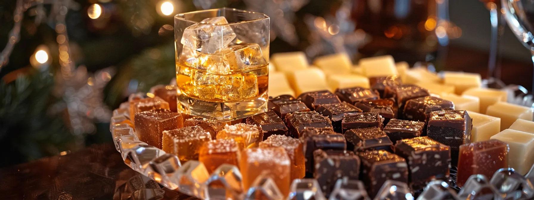 a sophisticated living party scene features a crystal glass filled with thc-infused spirits over ice, surrounded by a luxurious assortment of premium fudge cuts arranged elegantly on a stylish serving tray. a sophisticated living party scene features a crystal glass filled with thc-infused spirits over ice, surrounded by a luxurious assortment of premium fudge cuts arranged elegantly on a stylish serving tray.