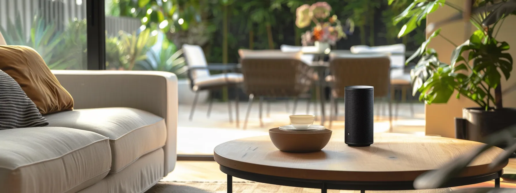 a sophisticated luxury airbnb interior showcases sleek smart technology features, including a modern, voice-activated entertainment system and keyless entry, all set against an immaculate backdrop of bright, contemporary furnishings and stylish outdoor seating, capturing the essence of high-end hospitality in 2025.