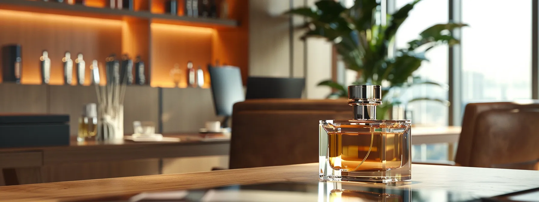 a sophisticated, minimalist office setting showcases an elegant fragrance bottle surrounded by luxurious materials, emphasizing the interplay of skin type, application methods, and environmental factors that enhance scent longevity.