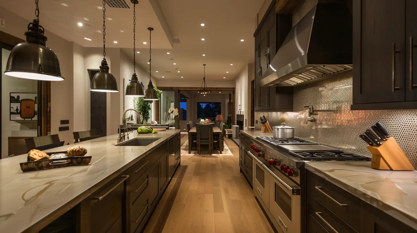 a sophisticated modern kitchen in the midst of a remodel, showcasing elegant high-end countertops, sleek backsplashes, and innovative smart appliances, bathed in soft, ambient light that highlights its luxurious design elements. a sophisticated modern kitchen in the midst of a remodel, showcasing elegant high-end countertops, sleek backsplashes, and innovative smart appliances, bathed in soft, ambient light that highlights its luxurious design elements.