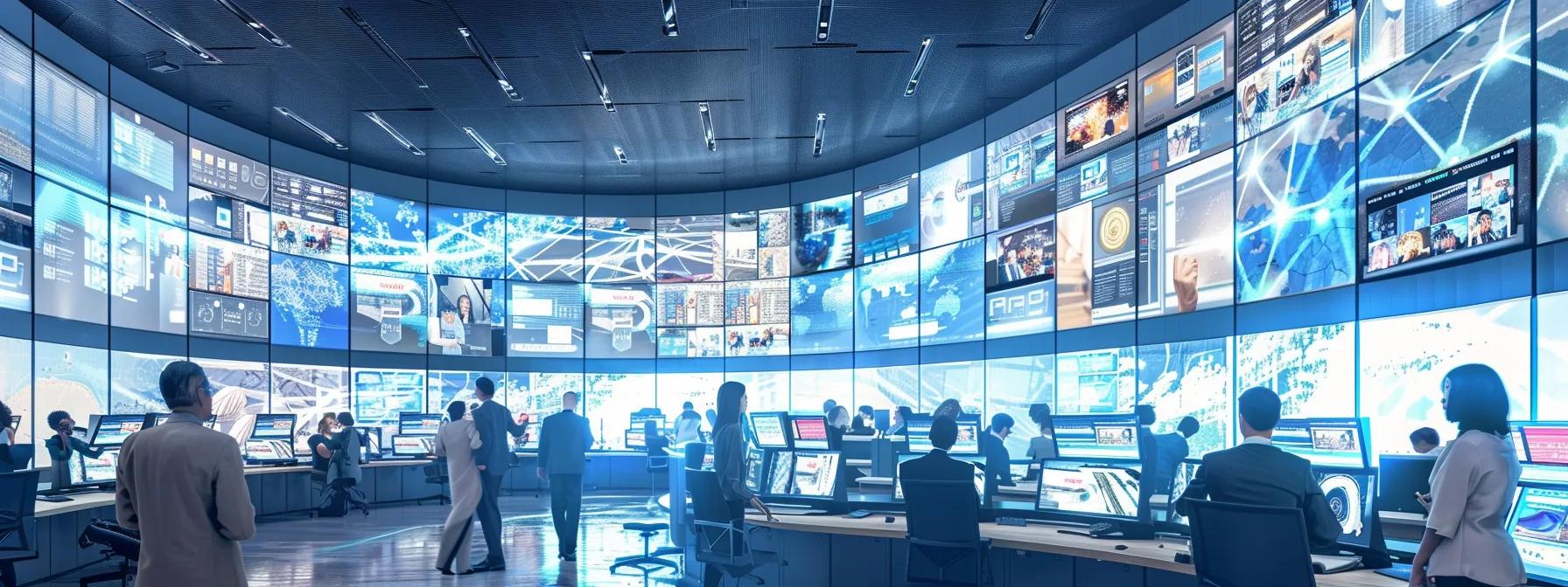 a sophisticated office environment showcases a diverse group of senior care marketers engaged in a dynamic brainstorming session, surrounded by digital displays illustrating a multi-stage marketing funnel tailored to enhance customer engagement and decision-making.