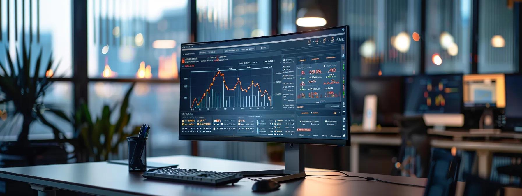 a sophisticated office environment showcases a sleek computer screen displaying a lively dashboard with real-time transaction monitoring metrics and identity verification data, illuminated by dynamic led lighting that enhances the high-tech ambiance of modern aml software solutions.