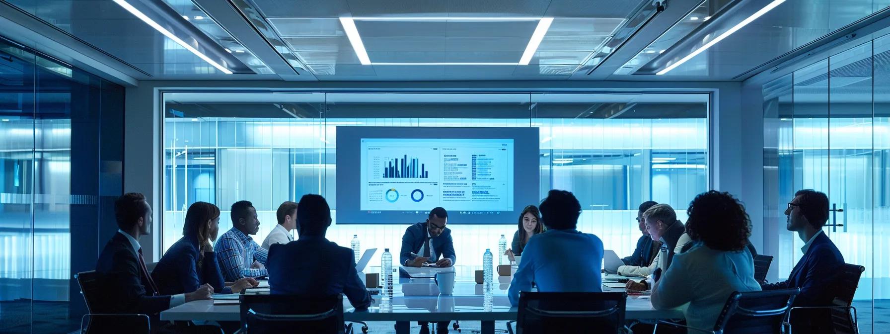 a sophisticated office meeting room features a diverse group of professionals engaged in a dynamic discussion, illuminated by sleek overhead lights, with a large screen displaying project updates, emphasizing the crucial role of communication and customer service in strengthening manufacturing partnerships.