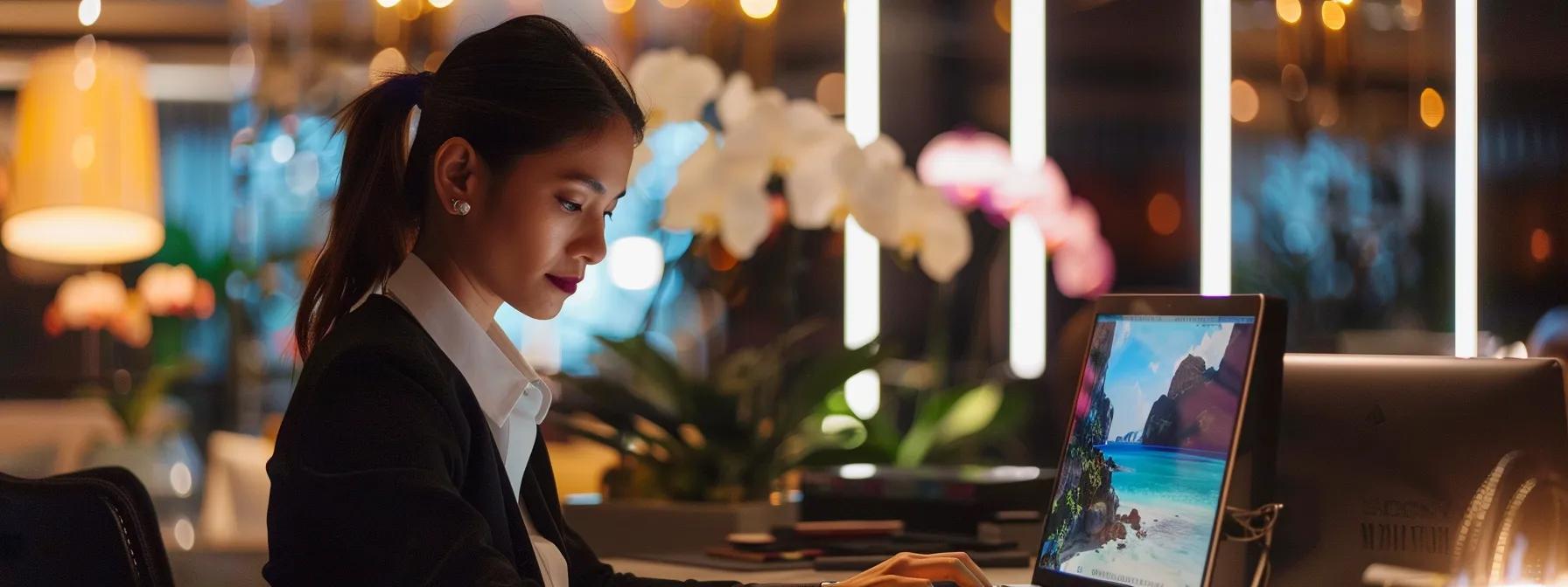 a sophisticated office setting features a luxury travel consultant engaged in a digital brainstorming session, with elegant visuals of exotic destinations and curated itineraries displayed on a sleek laptop screen, conveying the essence of personalized opulence in travel planning.