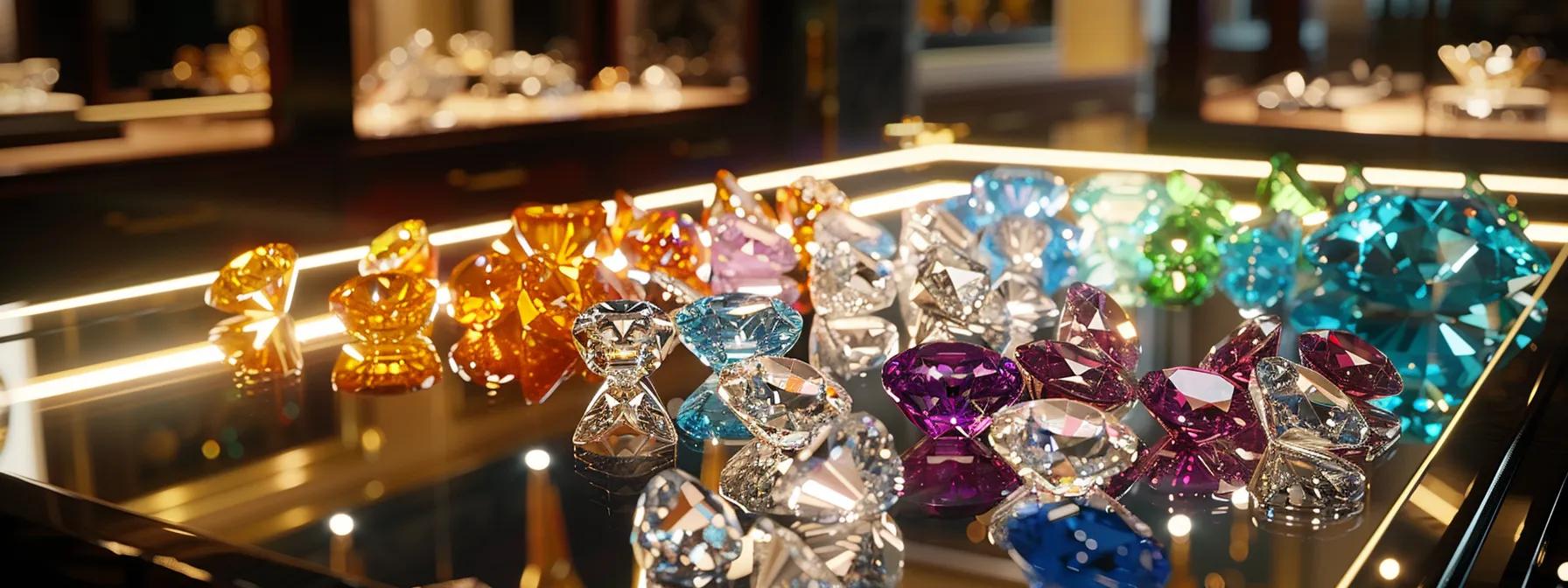 a sophisticated office setting features a dazzling array of gemstones displayed on a sleek glass table, illuminating the contrast between luxurious materials and practical pricing strategies for engagement rings. a sophisticated office setting features a dazzling array of gemstones displayed on a sleek glass table, illuminating the contrast between luxurious materials and practical pricing strategies for engagement rings.