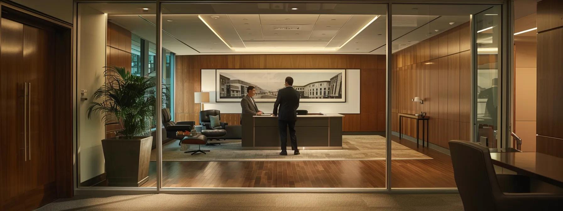 a sophisticated office setting features a confident financial advisor presenting a comprehensive mortgage guideline document to a client, illuminated by focused indirect lighting that emphasizes their engaged discussion on eligibility requirements and documentation for fannie mae loans.