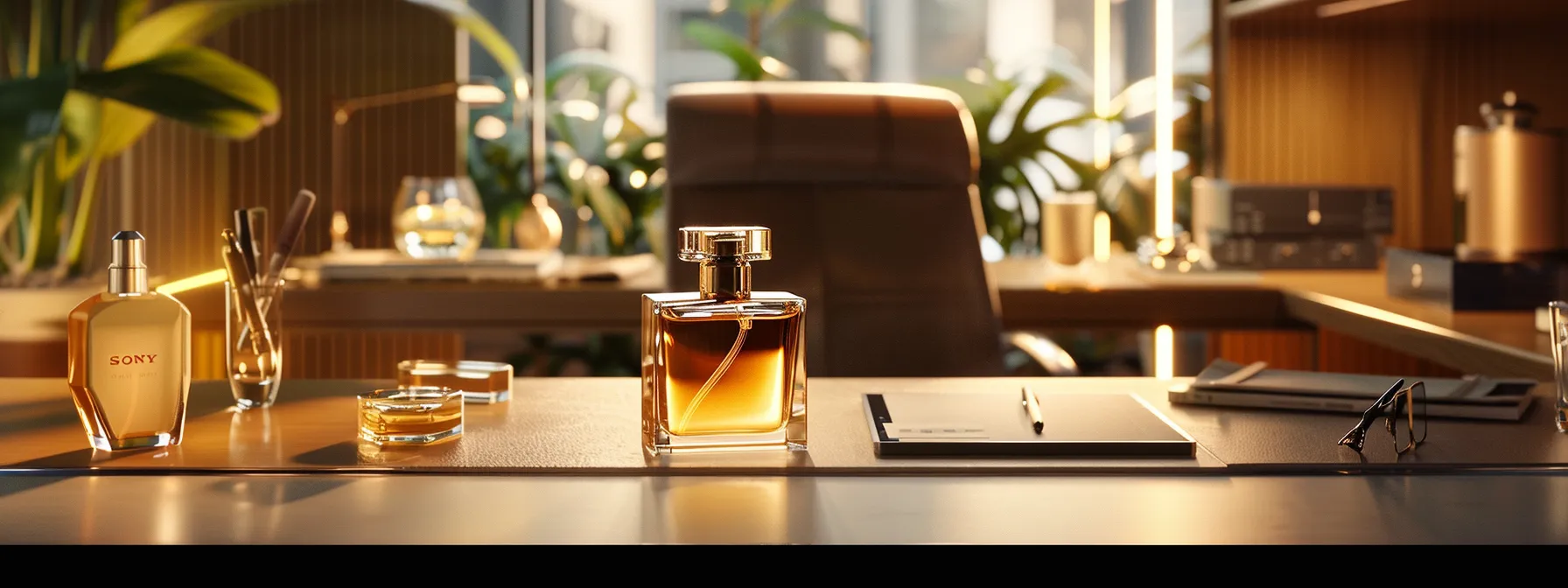 a sophisticated office setting features an elegantly designed perfume bottle atop a sleek desk, surrounded by luxurious lotions and a warm, ambient light, symbolizing the art of maximizing fragrance longevity.