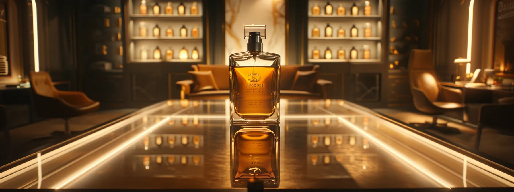 a sophisticated office setting showcases an elegant glass bottle of reflection man by amouage, dramatically illuminated to highlight its sleek design, surrounded by perfume notes like benzoin and aromatic elements, symbolizing its rich character and longevity.