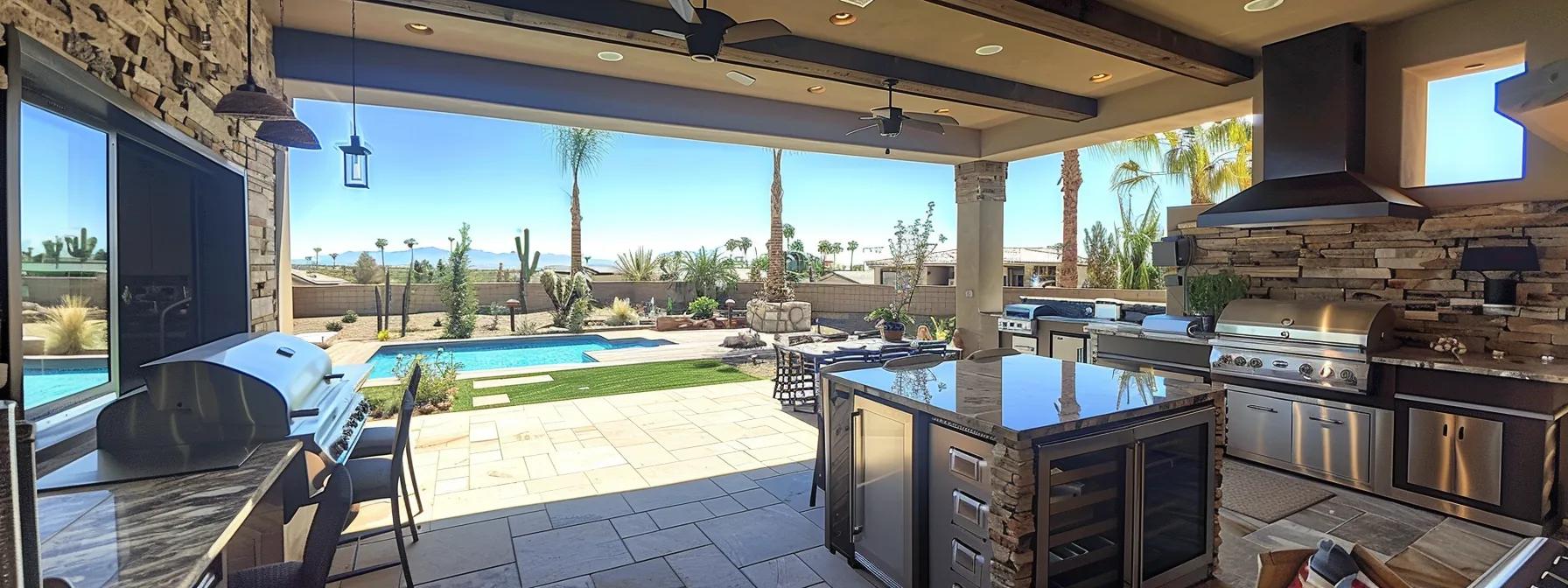 a sophisticated outdoor kitchen showcases an elegant arrangement of premium stainless steel appliances, natural stone countertops, and weather-resistant cabinetry, all set against a modern patio backdrop that emphasizes both durability and stylish design. a sophisticated outdoor kitchen showcases an elegant arrangement of premium stainless steel appliances, natural stone countertops, and weather-resistant cabinetry, all set against a modern patio backdrop that emphasizes both durability and stylish design.