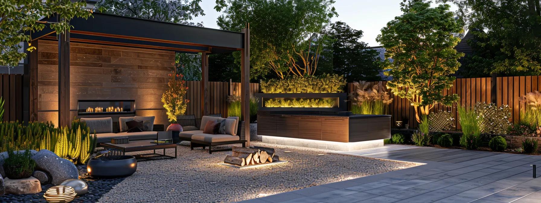 a sophisticated outdoor living space featuring a custom-designed hardscape with an elegant outdoor kitchen, stylish seating areas, and unique decorative elements, all beautifully integrated into a contemporary urban setting. a sophisticated outdoor living space featuring a custom-designed hardscape with an elegant outdoor kitchen, stylish seating areas, and unique decorative elements, all beautifully integrated into a contemporary urban setting.