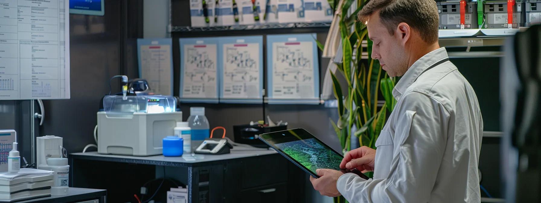 a sophisticated pest control office environment showcases a professional technician examining a comprehensive rodent control strategy on a digital tablet, surrounded by high-tech equipment and informative charts on integrated pest management methods.