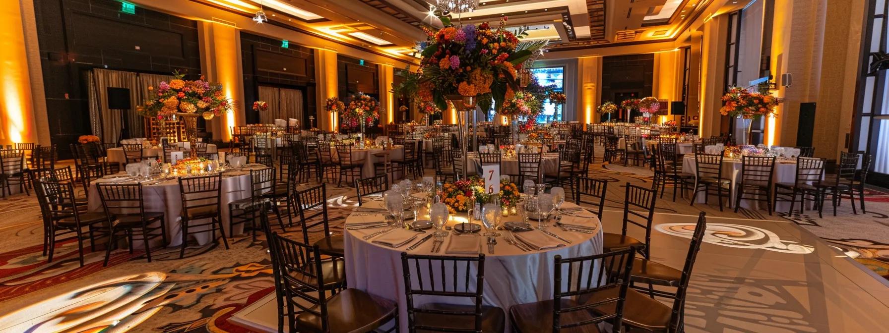 a sophisticated reception hall filled with elegantly arranged tables and plush decor, showcasing a vibrant gala atmosphere with diverse seating configurations to accommodate various guest capacities.