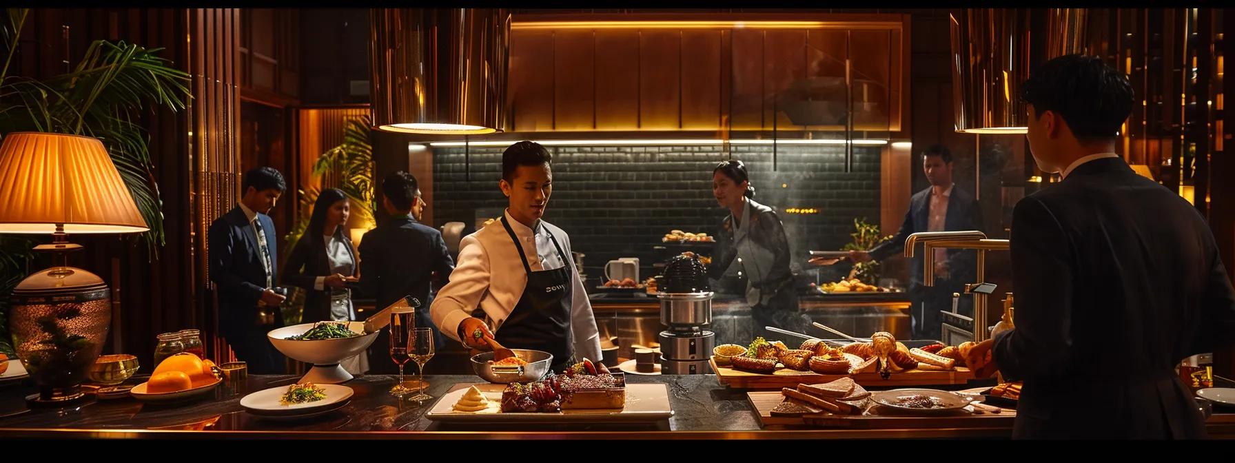 a sophisticated travel lounge exudes elegance, featuring a private chef conducting an exclusive culinary demonstration for an attentive group of well-dressed travelers, surrounded by opulent decor and ambient lighting that enhances the intimate atmosphere.