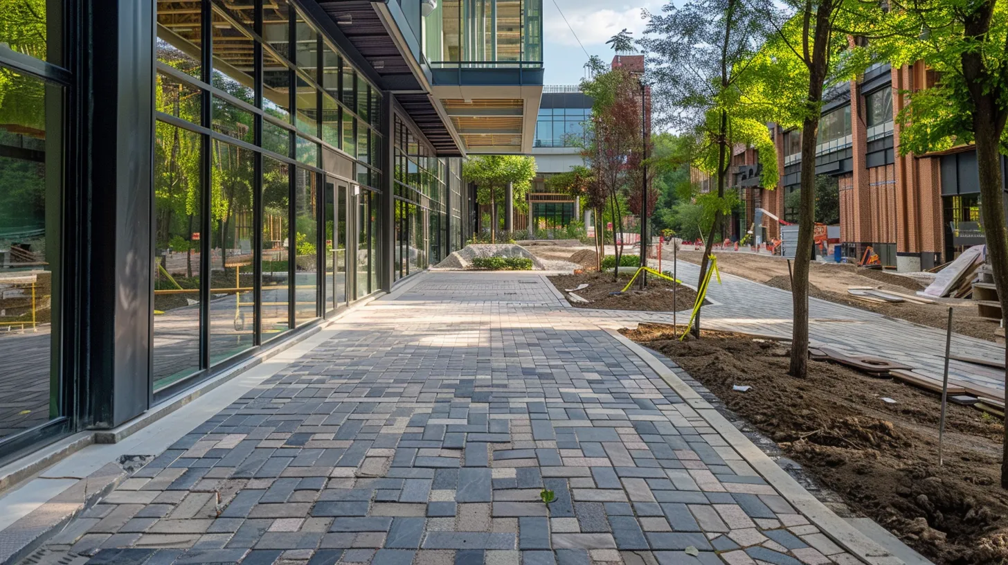 a sophisticated urban construction site showcases a variety of hardscape materials, including elegant natural stone, sleek concrete pavers, and classic brick, emphasizing the meticulous arrangement and installation process by skilled professionals in a well-lit, modern setting. a sophisticated urban construction site showcases a variety of hardscape materials, including elegant natural stone, sleek concrete pavers, and classic brick, emphasizing the meticulous arrangement and installation process by skilled professionals in a well-lit, modern setting.