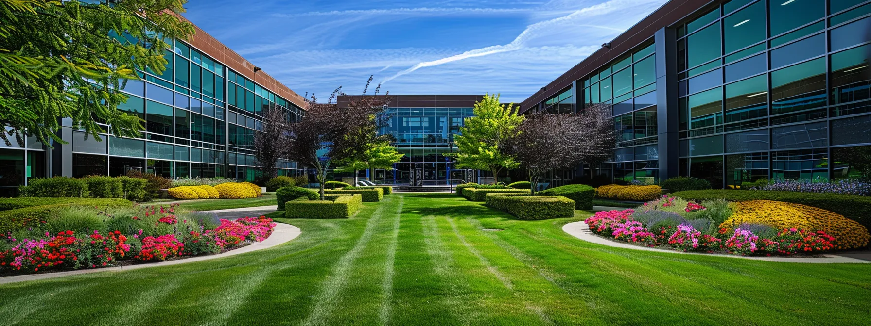 a sophisticated urban landscape showcases a meticulously maintained lawn and vibrant flower beds, enhancing the sleek modern architecture of a vibrant office complex. a sophisticated urban landscape showcases a meticulously maintained lawn and vibrant flower beds, enhancing the sleek modern architecture of a vibrant office complex.