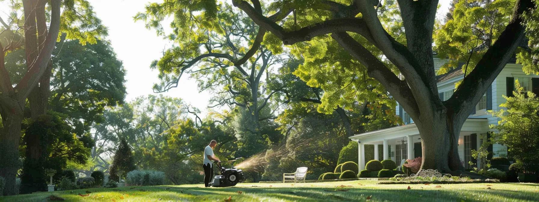 a sophisticated urban landscape showcases a certified arborist skillfully pruning a large tree near an elegant property, highlighting the professional expertise that elevates both tree health and aesthetic appeal in the environment.