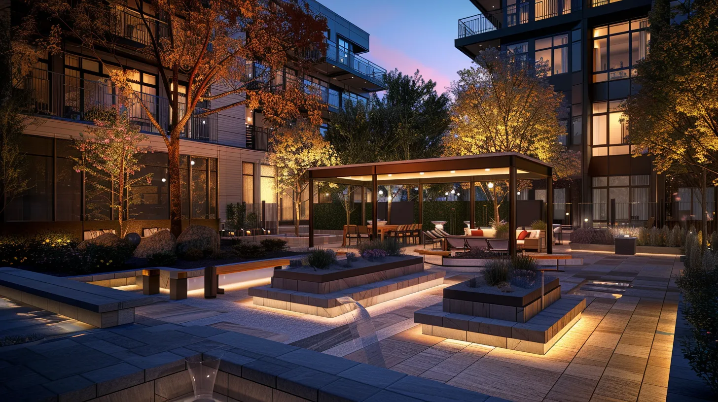 a sophisticated urban outdoor living space features elegant hardscaping elements such as a stylish stone patio, modern seating arrangements, and ambient lighting, showcasing the practical benefits of enhanced curb appeal and defined areas. a sophisticated urban outdoor living space features elegant hardscaping elements such as a stylish stone patio, modern seating arrangements, and ambient lighting, showcasing the practical benefits of enhanced curb appeal and defined areas.
