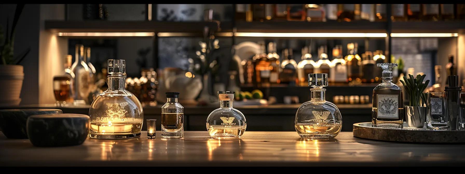 a sophisticated urban setting showcases an artistically arranged display of premium tequila bottles and elegant gift packaging in a stylish london apartment, illuminated by soft, atmospheric lighting.