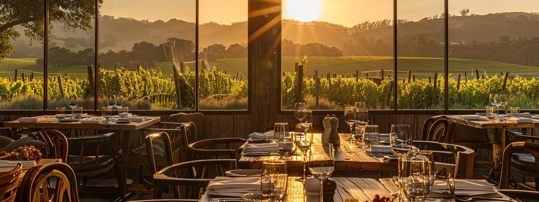 a sophisticated, warmly lit vineyard restaurant setting showcases a couple savoring gourmet dishes paired with exquisite wines, with panoramic views of rolling vineyards and elegant décor that exudes a romantic and indulgent ambiance.