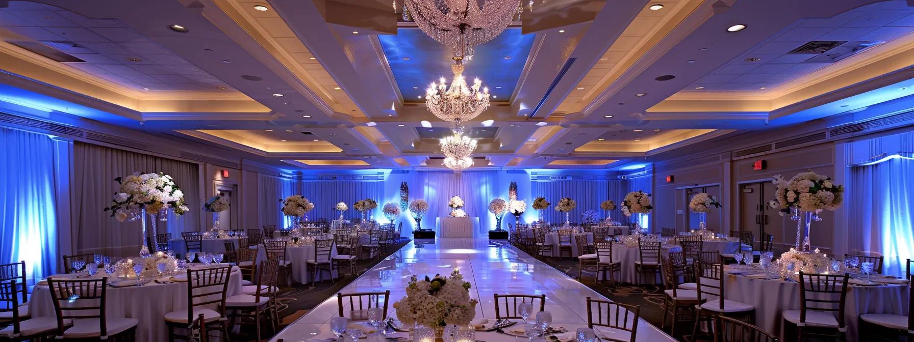 a sophisticated wedding reception hall in laval, adorned with elegant decorations and ambient lighting, showcases a beautifully set dining area ready for guests, emphasizing the luxurious atmosphere and high-end amenities available for special events.