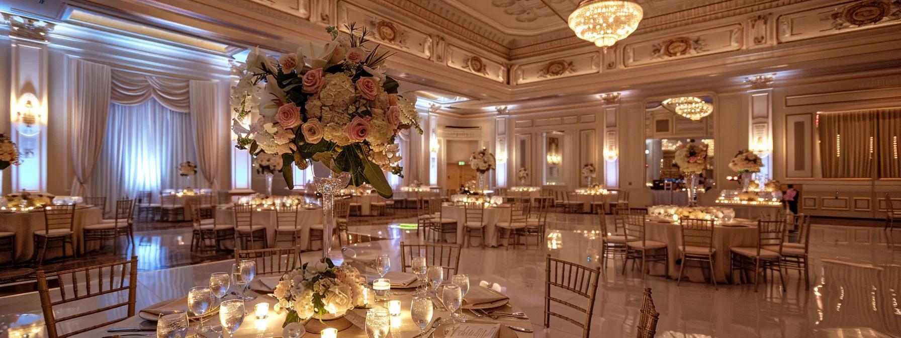 a sophisticated wedding venue features an elegant ballroom adorned with ambient lighting and stylish decor, showcasing a beautifully set reception table in the foreground, embodying the ideal atmosphere for a memorable celebration.