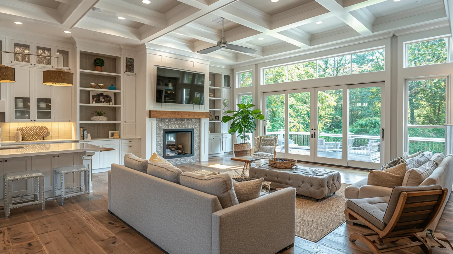 a spacious and elegantly designed custom home interior showcases strategically placed built-in shelves and cabinets, bathed in warm natural light, emphasizing a seamless flow for efficient everyday living and seasonal storage versatility. a spacious and elegantly designed custom home interior showcases strategically placed built-in shelves and cabinets, bathed in warm natural light, emphasizing a seamless flow for efficient everyday living and seasonal storage versatility.