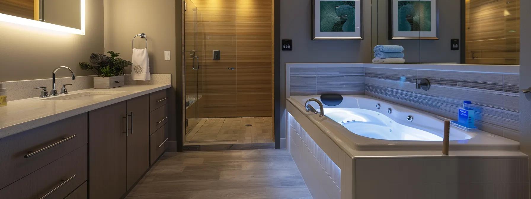 a spacious, modern bathroom featuring a sleek walk-in tub equipped with safety bars and anti-slip surfaces, illuminated by warm overhead lighting to create an inviting atmosphere that promotes independence for seniors.